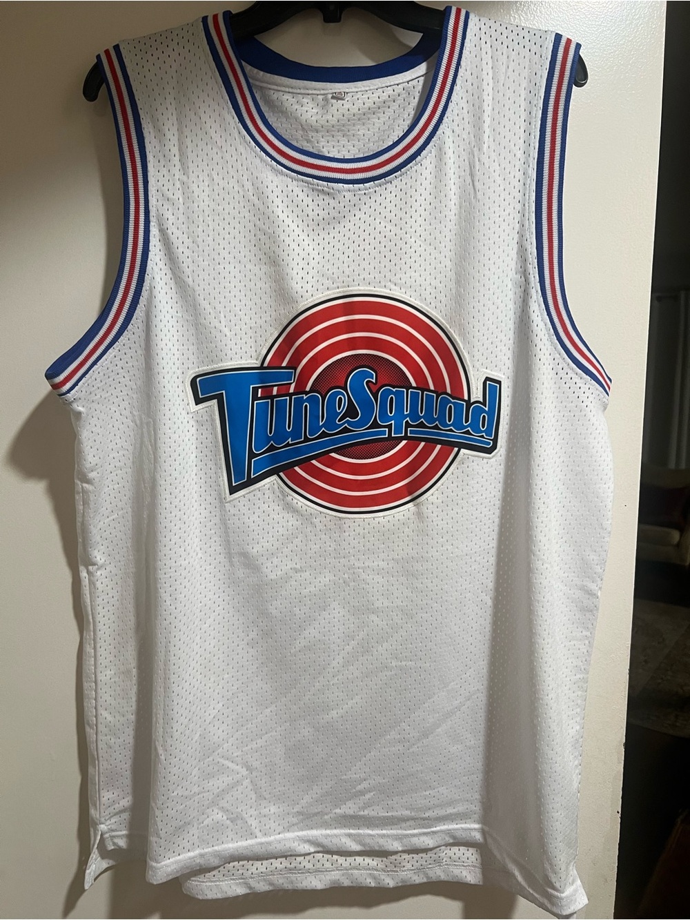Tune Squad White Basketball Jersey with Red & Blue Bugs XL